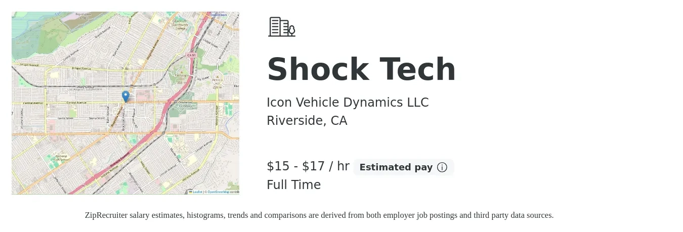 Icon Vehicle Dynamics LLC job posting for a Shock Tech in Riverside, CA with a salary of $16 to $18 Hourly with a map of Riverside location.