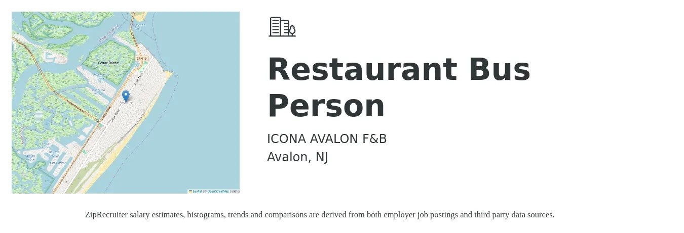ICONA AVALON F&B job posting for a Restaurant Bus Person in Avalon, NJ with a salary of $11 to $15 Hourly with a map of Avalon location.