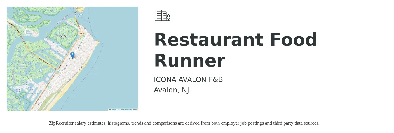 ICONA AVALON F&B job posting for a Restaurant Food Runner in Avalon, NJ with a salary of $11 to $16 Hourly with a map of Avalon location.
