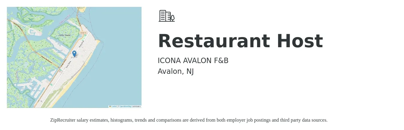 ICONA AVALON F&B job posting for a Restaurant Host in Avalon, NJ with a salary of $12 to $16 Hourly with a map of Avalon location.