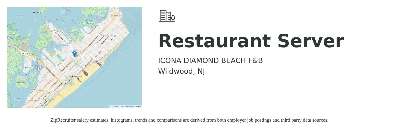 ICONA DIAMOND BEACH F&B job posting for a Restaurant Server in Wildwood, NJ with a salary of $10 to $16 Hourly with a map of Wildwood location.