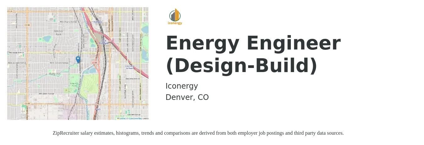 Iconergy job posting for a Energy Engineer (Design-Build) in Denver, CO with a salary of $80,000 to $110,000 Yearly with a map of Denver location.