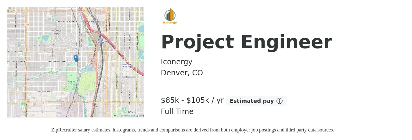 Iconergy job posting for a Project Engineer in Denver, CO with a salary of $85,000 to $105,000 Yearly with a map of Denver location.