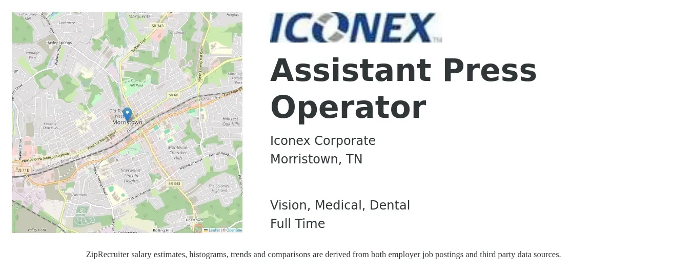 Iconex Corporate job posting for a Bilingual Assistant Press Operator in Jefferson City, TN with a salary of $14 to $19 Hourly and benefits including dental, life_insurance, medical, retirement, and vision with a map of Jefferson City location.