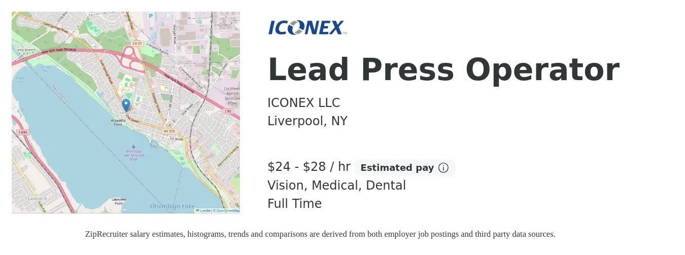 ICONEX LLC job posting for a Lead Press Operator in Liverpool, NY with a salary of $25 to $30 Hourly and benefits including dental, life_insurance, medical, retirement, and vision with a map of Liverpool location.