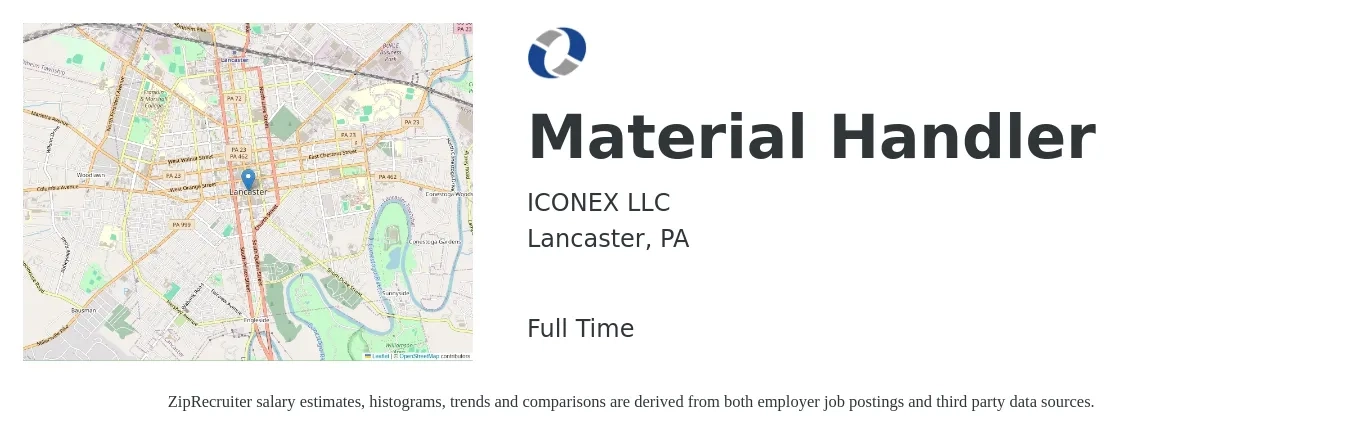 ICONEX LLC job posting for a Material Handler in Lancaster, PA with a salary of $16 to $20 Hourly with a map of Lancaster location.
