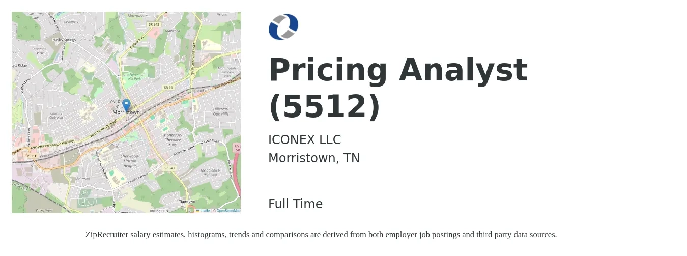 ICONEX LLC job posting for a Pricing Analyst (5512) in Morristown, TN with a salary of $47,300 to $70,500 Yearly with a map of Morristown location.