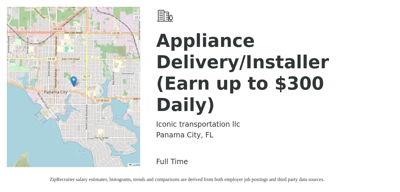Iconic transportation llc job posting for a Appliance Delivery/Installer (Earn up to $300 Daily) in Panama City, FL with a salary of $200 to $250 Daily with a map of Panama City location.