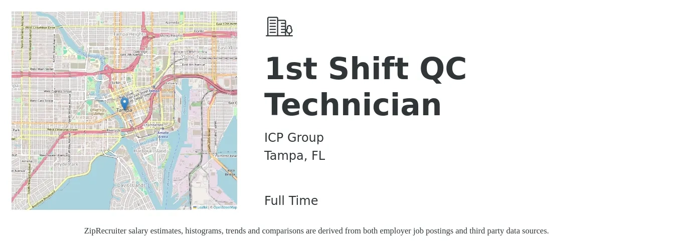 ICP Group job posting for a 1st Shift QC Technician in Tampa, FL with a salary of $18 to $23 Hourly with a map of Tampa location.