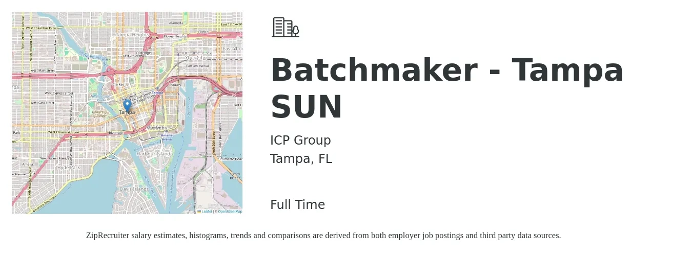 ICP Group job posting for a Batchmaker - Tampa SUN in Tampa, FL with a salary of $17 to $21 Hourly with a map of Tampa location.