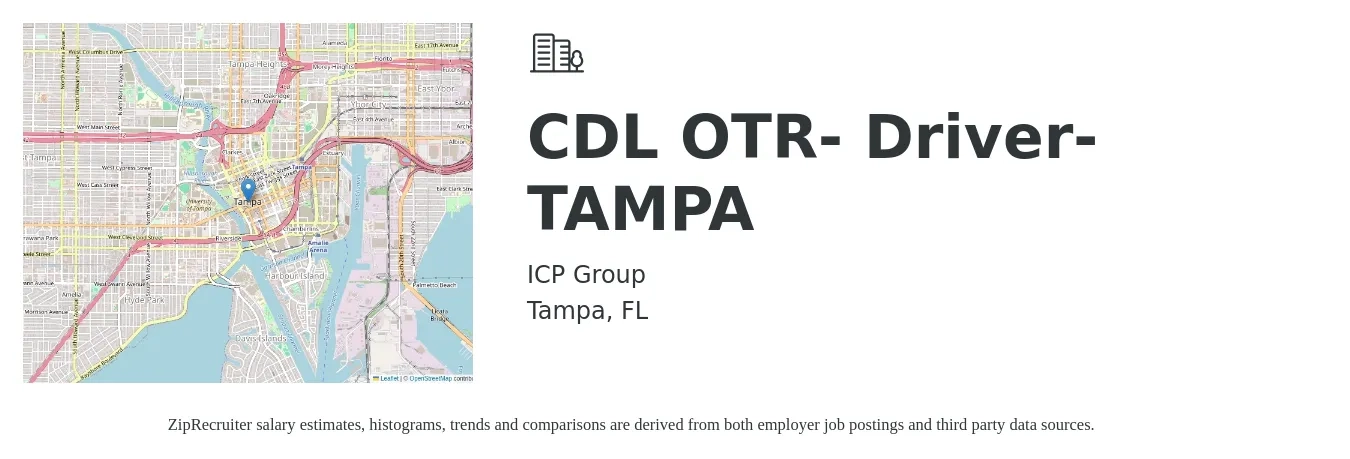 ICP Group job posting for a CDL OTR- Driver- TAMPA in Tampa, FL with a salary of $1,300 to $1,710 Weekly with a map of Tampa location.