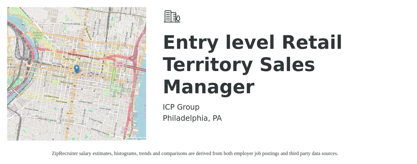 ICP Group job posting for a Entry level Retail Territory Sales Manager in Philadelphia, PA with a salary of $65,100 to $99,900 Yearly with a map of Philadelphia location.