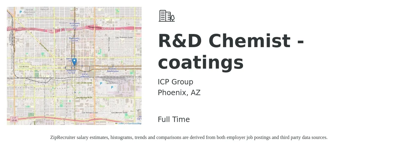 ICP Group job posting for a R&D Chemist - coatings in Phoenix, AZ with a salary of $24 to $35 Hourly with a map of Phoenix location.