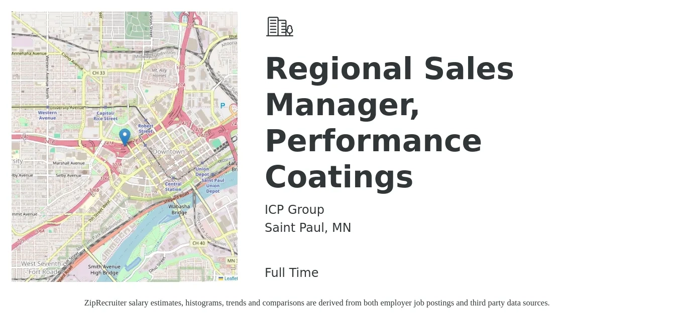 ICP Group job posting for a Regional Sales Manager, Performance Coatings in Saint Paul, MN with a salary of $76,200 to $119,100 Yearly with a map of Saint Paul location.