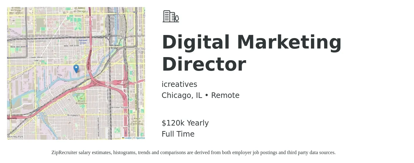 icreatives job posting for a Digital Marketing Director in Chicago, IL with a salary of $120,000 Yearly with a map of Chicago location.