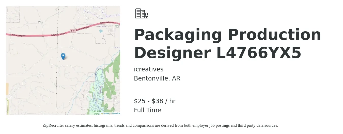 icreatives job posting for a Packaging Production Designer L4766YX5 in Bentonville, AR with a salary of $27 to $40 Hourly with a map of Bentonville location.