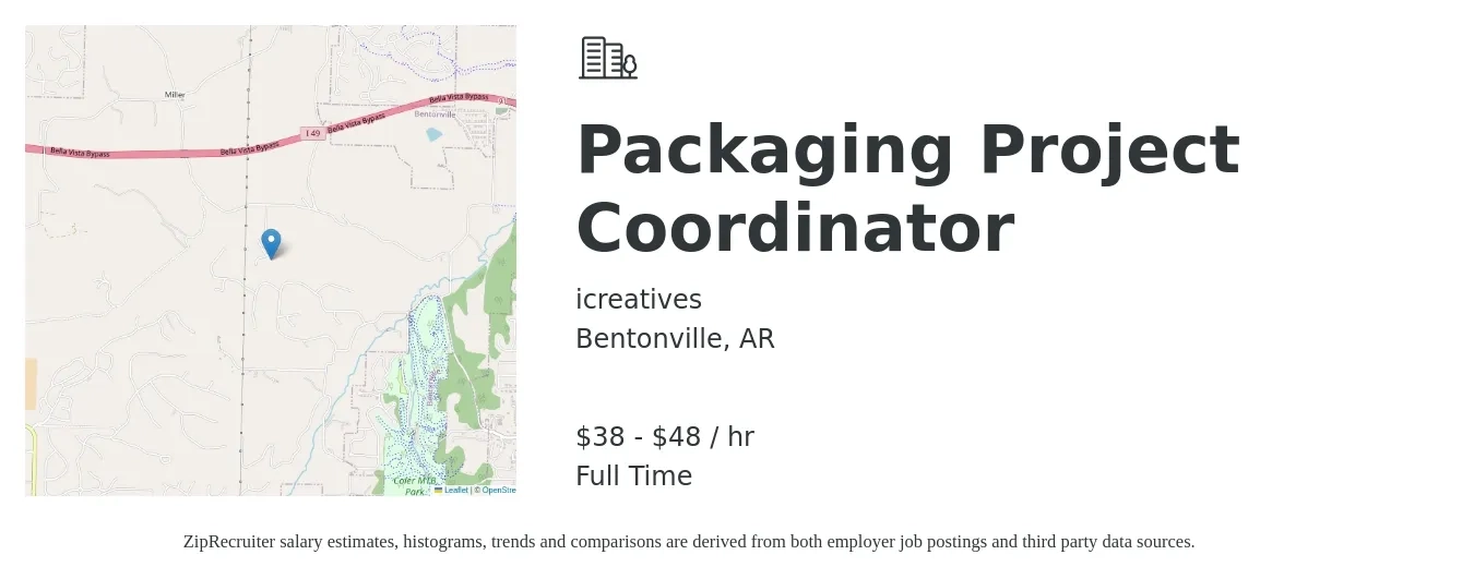 icreatives job posting for a Packaging Project Coordinator in Bentonville, AR with a salary of $40 to $50 Hourly with a map of Bentonville location.