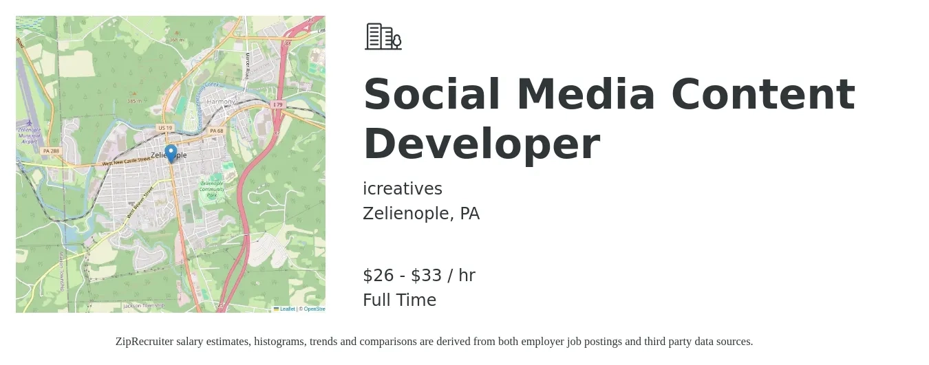 icreatives job posting for a Social Media Content Developer in Zelienople, PA with a salary of $28 to $35 Hourly with a map of Zelienople location.