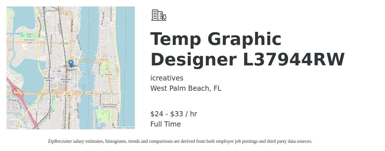 icreatives job posting for a Temp Graphic Designer L37944RW in West Palm Beach, FL with a salary of $25 to $35 Hourly with a map of West Palm Beach location.