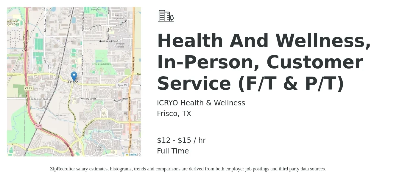 iCRYO Health & Wellness job posting for a Health And Wellness, In-Person, Customer Service (F/T & P/T) in Frisco, TX with a salary of $13 to $16 Hourly with a map of Frisco location.