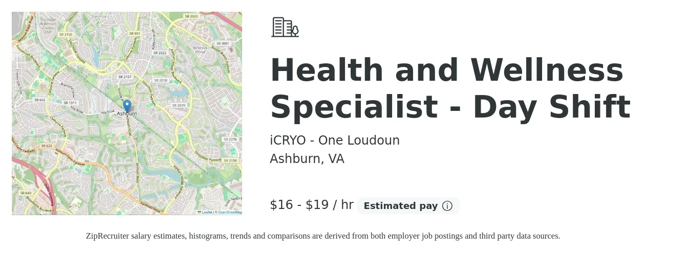 iCRYO - One Loudoun job posting for a Health and Wellness Specialist - Day Shift in Ashburn, VA with a salary of $17 to $20 Hourly with a map of Ashburn location.