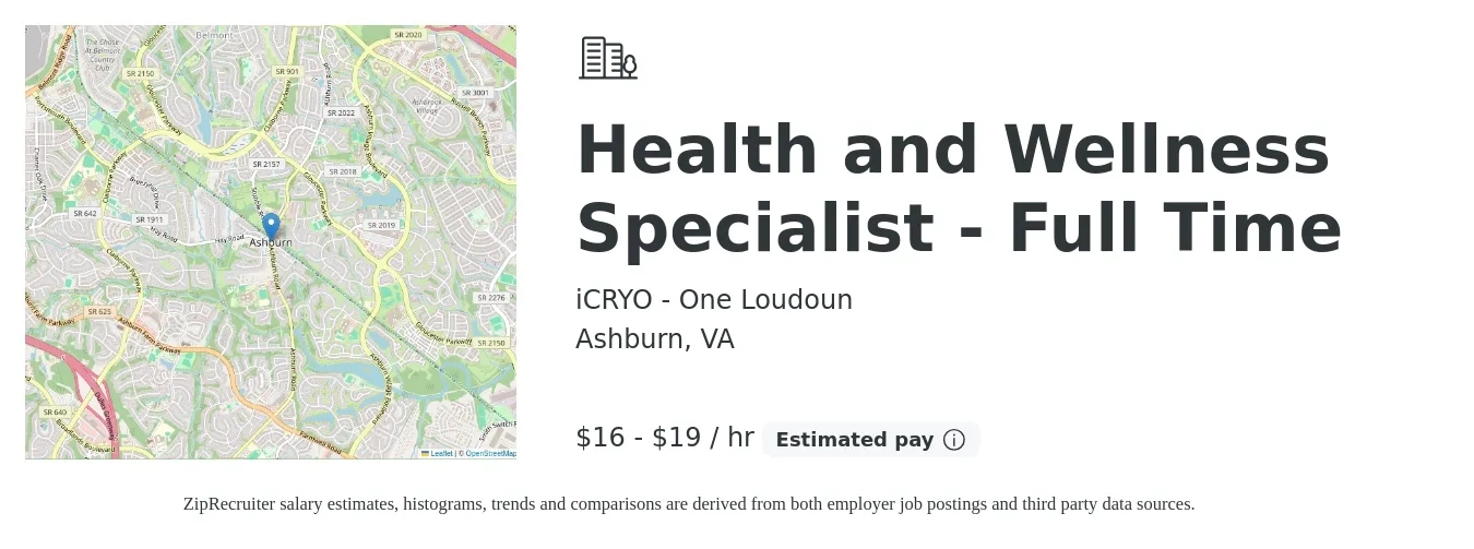iCRYO - One Loudoun job posting for a Health and Wellness Specialist - Full Time in Ashburn, VA with a salary of $17 to $20 Hourly with a map of Ashburn location.
