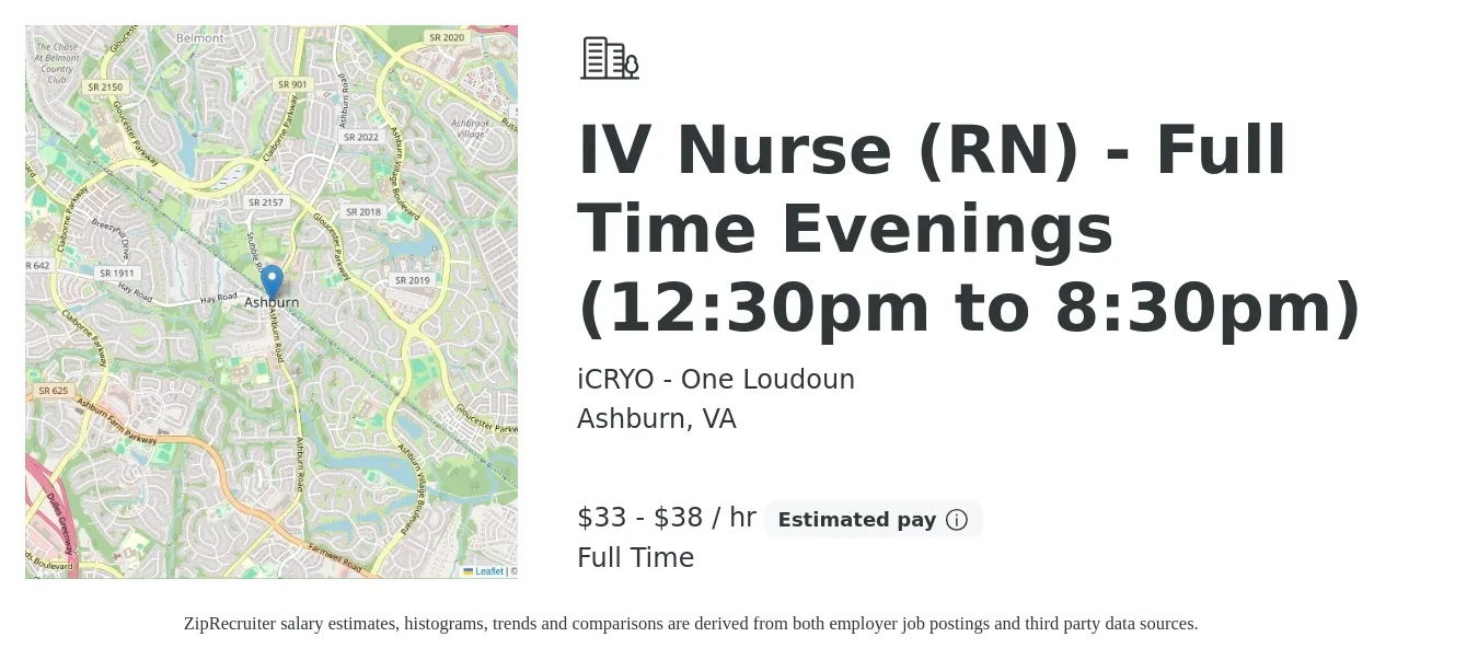 iCRYO - One Loudoun job posting for a IV Nurse (RN) - Full Time Evenings (12:30pm to 8:30pm) in Ashburn, VA with a salary of $35 to $40 Hourly with a map of Ashburn location.