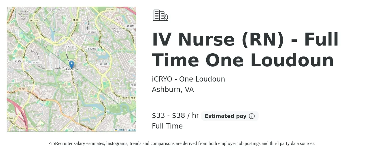 iCRYO - One Loudoun job posting for a IV Nurse (RN) - Full Time One Loudoun in Ashburn, VA with a salary of $35 to $40 Hourly with a map of Ashburn location.