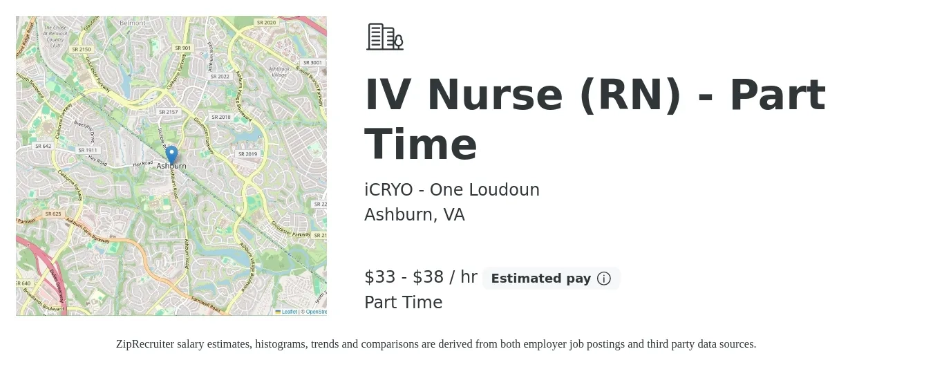 iCRYO - One Loudoun job posting for a IV Nurse (RN) - Part Time in Ashburn, VA with a salary of $35 to $40 Hourly with a map of Ashburn location.