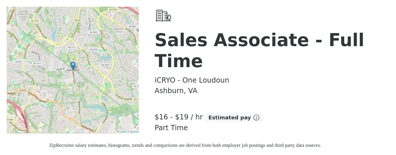 iCRYO - One Loudoun job posting for a Sales Associate - Full Time in Ashburn, VA with a salary of $17 to $20 Hourly with a map of Ashburn location.