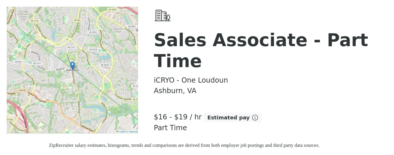 iCRYO - One Loudoun job posting for a Sales Associate - Part Time in Ashburn, VA with a salary of $17 to $20 Hourly with a map of Ashburn location.