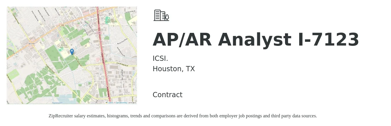 ICSI. job posting for a AP/AR Analyst I-7123 in Houston, TX with a salary of $23 to $29 Hourly with a map of Houston location.