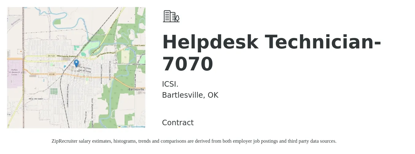 ICSI. job posting for a Helpdesk Technician-7070 in Bartlesville, OK with a salary of $17 to $23 Hourly with a map of Bartlesville location.