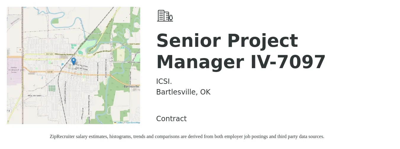 ICSI. job posting for a Senior Project Manager IV-7097 in Bartlesville, OK with a salary of $88,800 to $125,300 Yearly with a map of Bartlesville location.