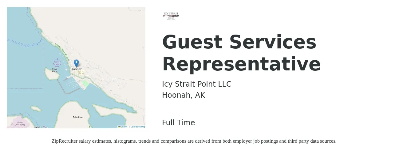 Icy Strait Point LLC job posting for a Guest Services Representative in Hoonah, AK with a salary of $14 to $17 Hourly with a map of Hoonah location.