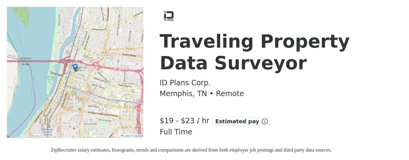 ID Plans job posting for a Traveling Property Data Surveyor in Memphis, TN with a salary of $20 to $24 Hourly and benefits including life_insurance, medical, pto, retirement, vision, and dental with a map of Memphis location.