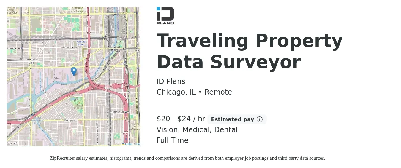 ID Plans job posting for a Traveling Property Data Surveyor in Chicago, IL with a salary of $21 to $25 Hourly and benefits including dental, life_insurance, medical, pto, retirement, and vision with a map of Chicago location.