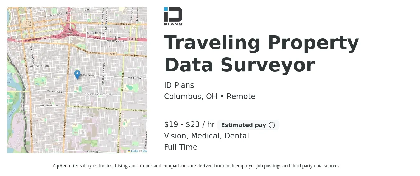 ID Plans job posting for a Traveling Property Data Surveyor in Columbus, OH with a salary of $20 to $24 Hourly and benefits including life_insurance, medical, pto, retirement, vision, and dental with a map of Columbus location.