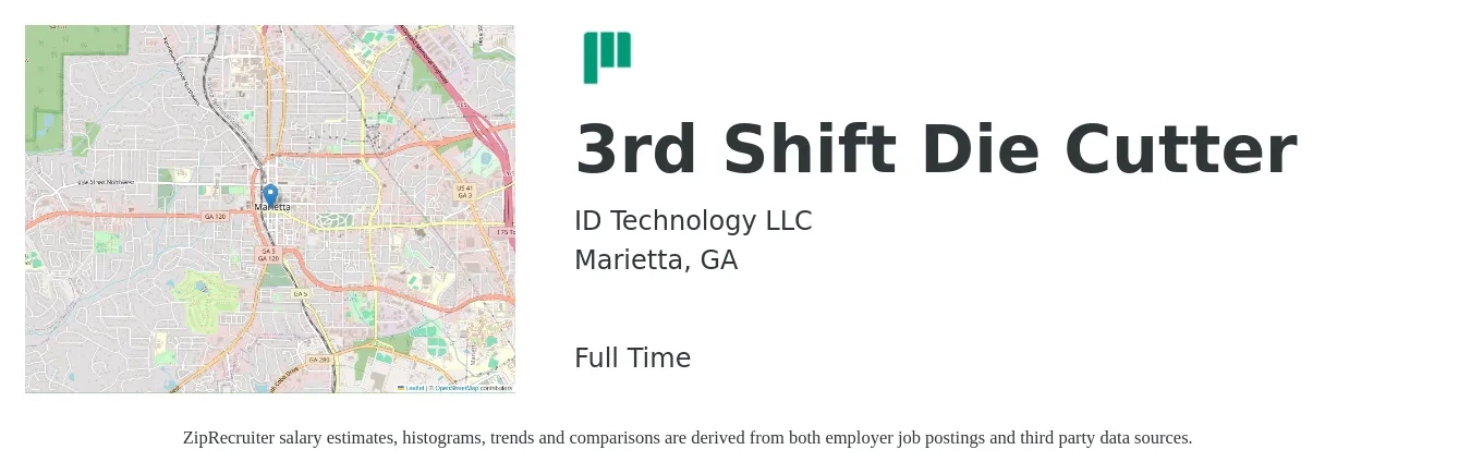 ID Technology LLC job posting for a 3rd Shift Die Cutter in Marietta, GA with a salary of $18 to $22 Hourly with a map of Marietta location.
