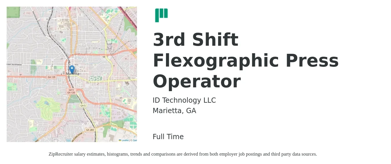 ID Technology LLC job posting for a 3rd Shift Flexographic Press Operator in Marietta, GA with a salary of $20 to $27 Hourly with a map of Marietta location.