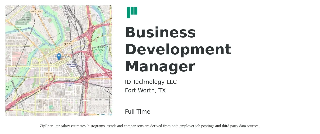 ID Technology LLC job posting for a Business Development Manager in Fort Worth, TX with a salary of $58,500 to $95,800 Yearly with a map of Fort Worth location.