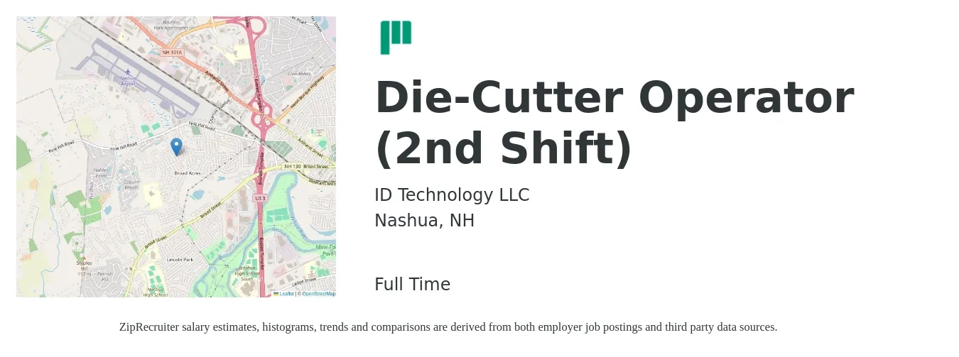 ID Technology LLC job posting for a Die-Cutter Operator (2nd Shift) in Nashua, NH with a salary of $19 to $24 Hourly with a map of Nashua location.