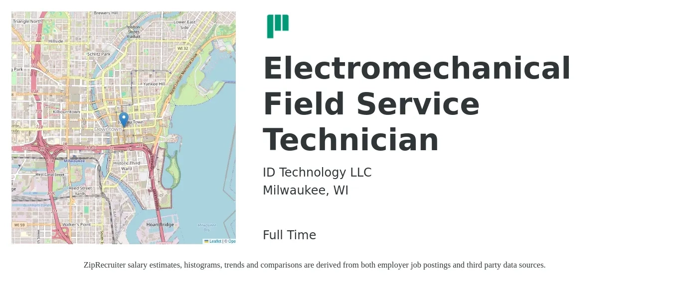 ID Technology LLC job posting for a Electromechanical Field Service Technician in Milwaukee, WI with a salary of $20 to $29 Hourly with a map of Milwaukee location.
