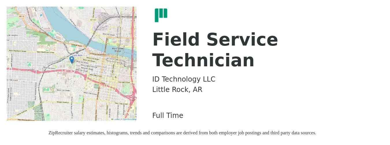 ID Technology LLC job posting for a Field Service Technician in Little Rock, AR with a salary of $19 to $28 Hourly with a map of Little Rock location.