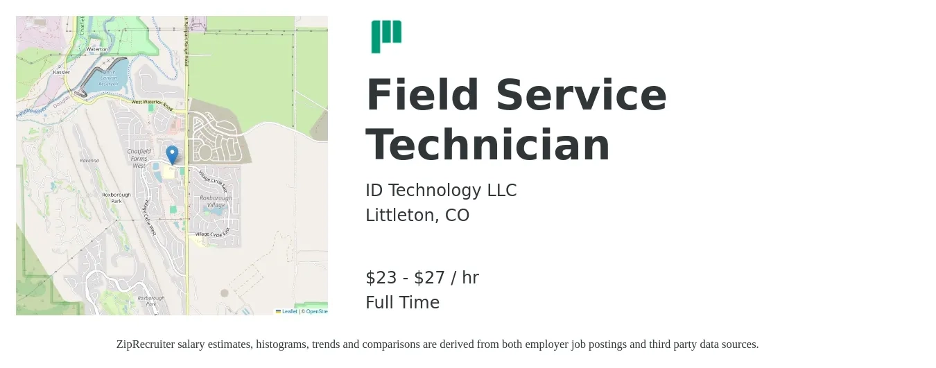 ID Technology LLC job posting for a Field Service Technician in Littleton, CO with a salary of $24 to $29 Hourly with a map of Littleton location.