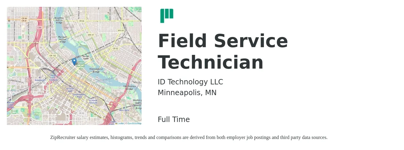 ID Technology LLC job posting for a Field Service Technician in Minneapolis, MN with a salary of $21 to $31 Hourly with a map of Minneapolis location.