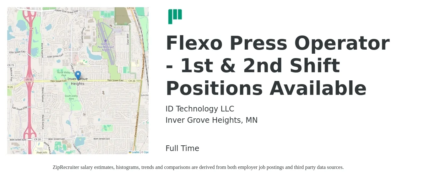 ID Technology LLC job posting for a Flexo Press Operator - 1st & 2nd Shift Positions Available in Inver Grove Heights, MN with a salary of $22 to $30 Hourly with a map of Inver Grove Heights location.