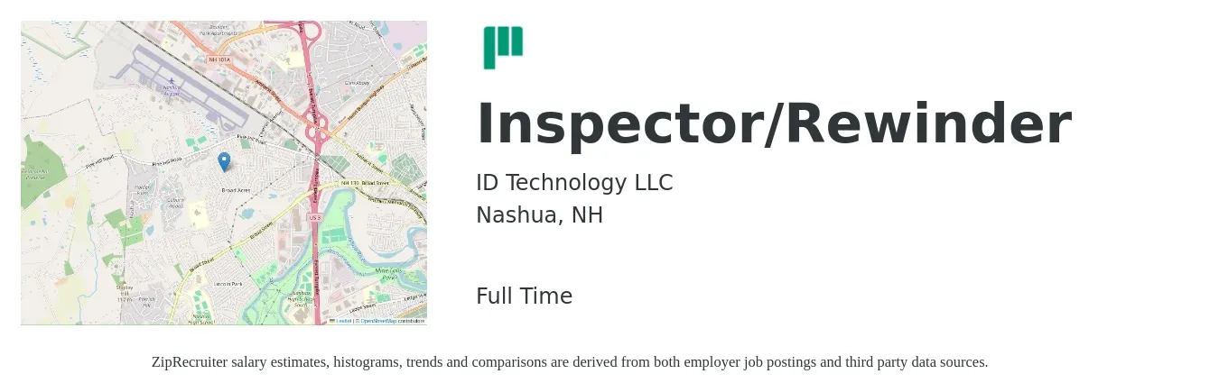 ID Technology LLC job posting for a Inspector/Rewinder in Nashua, NH with a salary of $38,900 to $64,100 Yearly with a map of Nashua location.