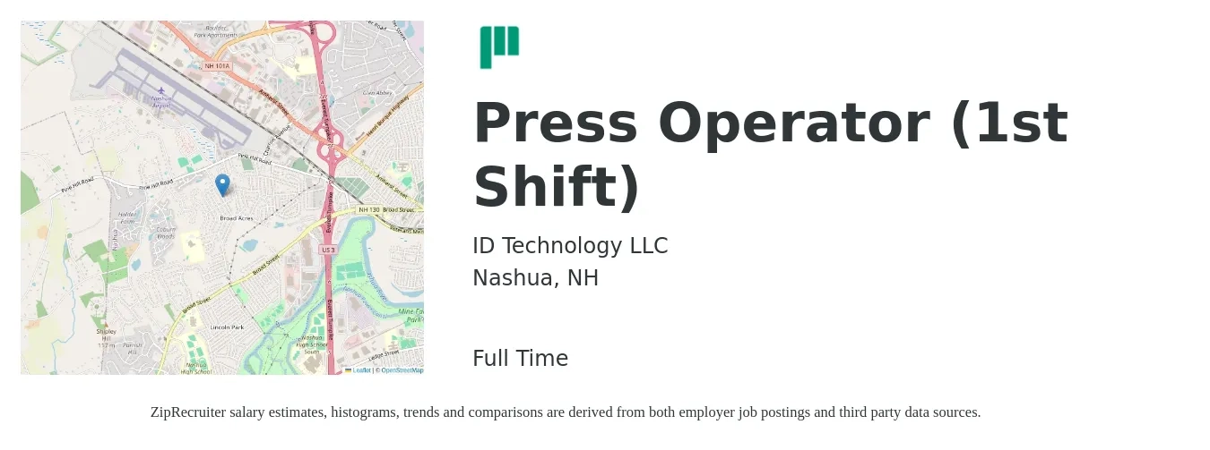 ID Technology LLC job posting for a Press Operator (1st Shift) in Nashua, NH with a salary of $17 to $22 Hourly with a map of Nashua location.