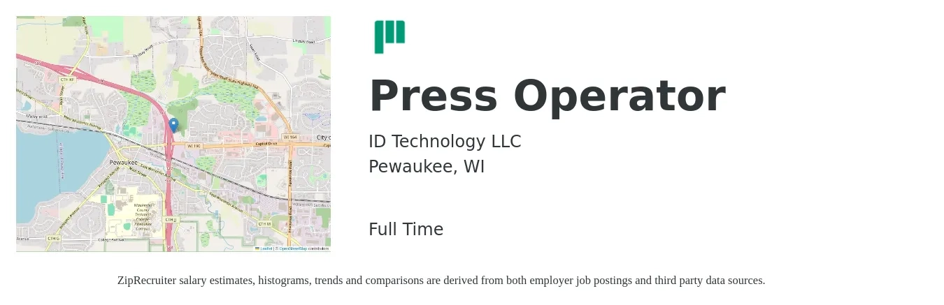 ID Technology LLC job posting for a Press Operator in Pewaukee, WI with a salary of $16 to $21 Hourly with a map of Pewaukee location.